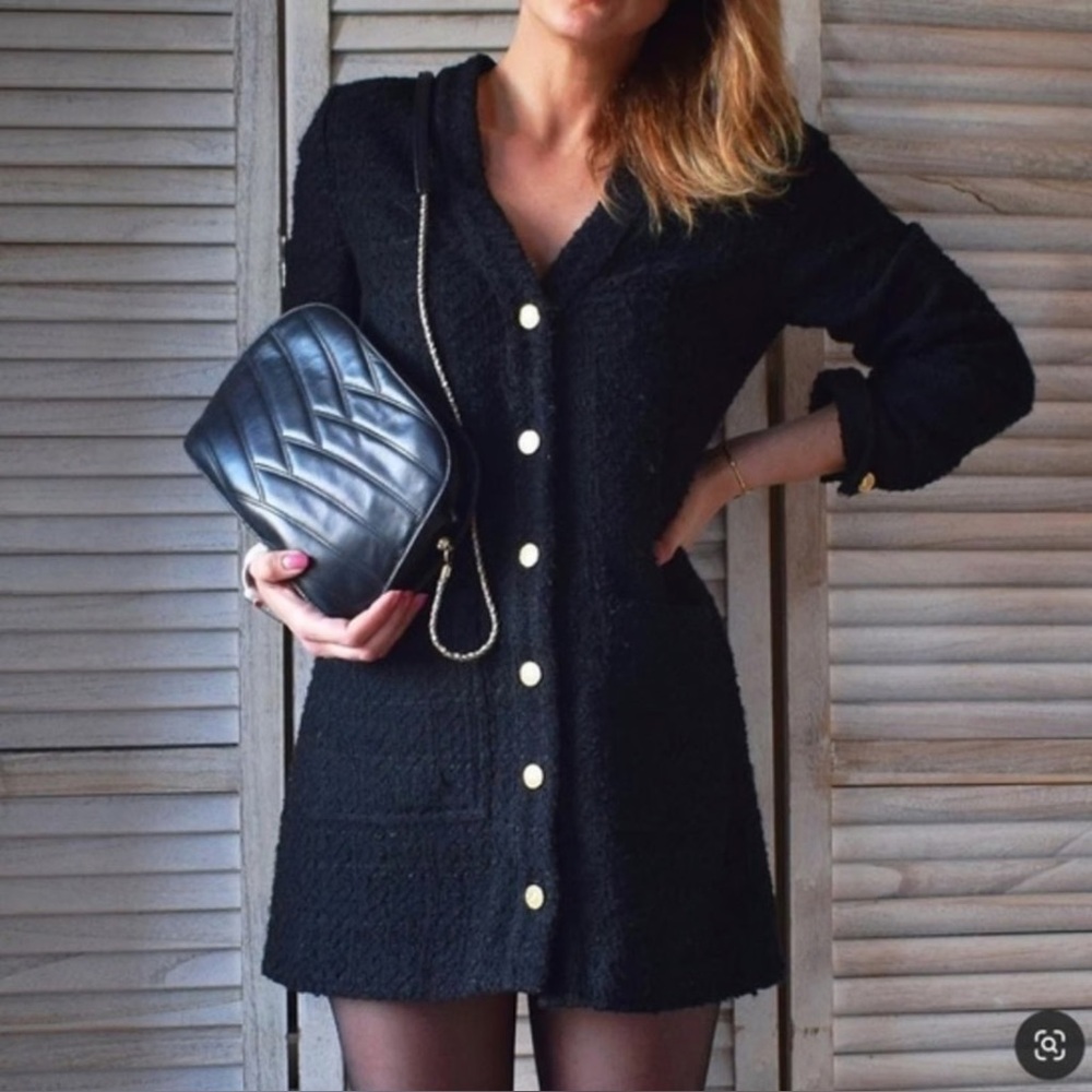 Zara Black Bouclé Button-Front Dress Coat with Gold Buttons